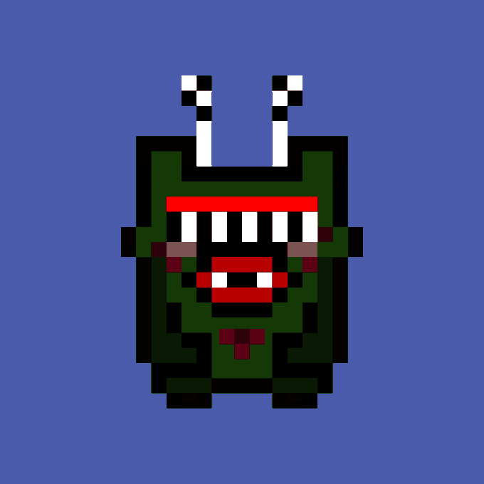 A pixel art illustration depicts a green creature with two white antennae, a red visor/eyes, and red accents on a solid blue background.