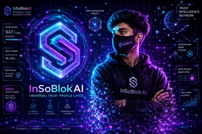 The image is a promotional graphic for **InSoBlokAI**, featuring a masked figure wearing branded apparel alongside a glowing hexagonal logo and futuristic data interface displaying metrics like "TASTESCORE: 947/1000 EXCELLENT," "TRUST GRAPH: NODES ACTIVE 98,765+," and "ZERO-KNOWLEDGE PROOFS," with the tagline "UNIVERSAL TRUST PROFILE LAYER." It visually reinforces the post about InSoBlokAI's **Pre-Transaction Trust Simulation**, symbolizing how the platform uses AI and on-chain verification to assess counterparties and digital interactions before they occur, embodying its "CONNECT · VERIFY · TRUST · GROW" mission.
