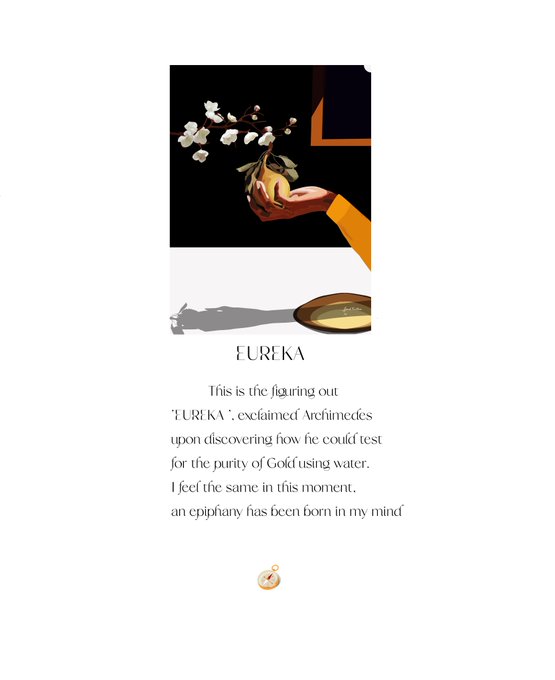 An informational graphic titled 'EUREKA' explaining the origin of the word from Archimedes, featuring an illustration of a hand holding a glowing plant and a magnifying glass.