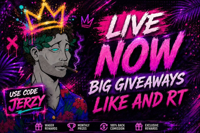 A vibrant, graffiti-style promotional graphic features a stylized illustrated character with a gold crown, glowing cyan eyes, and a cigarette, alongside bold pink and white text reading "LIVE NOW," "BIG GIVEAWAYS," and "LIKE AND RT," with a "USE CODE JERZY" tag and icons for wager rewards, monthly prizes, 100% back commission, and exclusive rewards. The graphic directly advertises the live stream announcement, promoting the "JERZY" code, big giveaways, and engagement actions like liking and retweeting, while the bottom icons highlight the perks available to viewers of the "jerzynft" Kick stream.