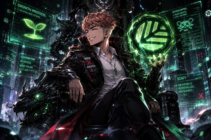Anime-style illustration of a young man in a black jacket holding a glowing green orb, surrounded by floating screens with labels like 'GROWTH PROTOCOL' and 'SYSTEM CONTROL'.