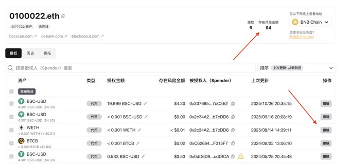 A crypto wallet tracking page for address '0100022.eth' showing an EIP7702 account with 5 authorizations and $4 in at-risk funds on BNB Chain, displaying a list of assets including BSC-USD, WETH, and BTCB with authorization dates.