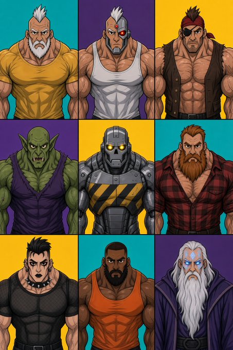 A 3x3 grid of comic book-style illustrations depicting nine muscular character archetypes, including a cyberpunk soldier, pirate, goblin, robot, lumberjack, punk, athlete, and wizard.