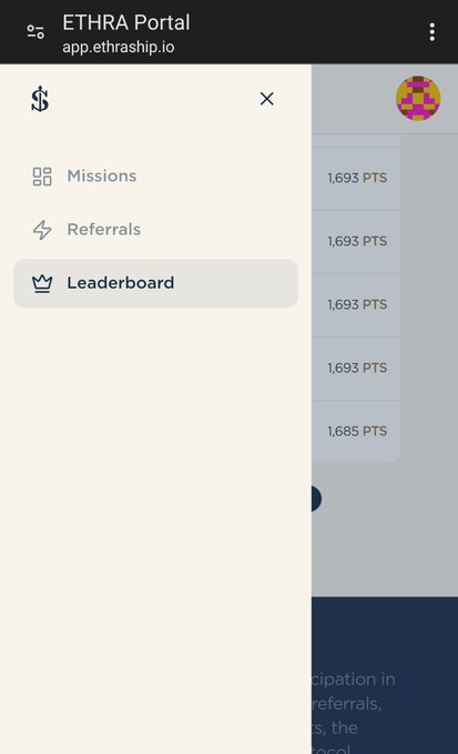 A mobile screenshot of the ETHRA Portal app (app.ethrashop.io) showing a menu with options for Missions, Referrals, and Leaderboard, with a leaderboard displaying points such as '1,693 PTS' in the background.
