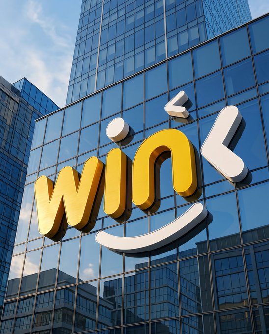 A 3D rendering of a modern glass office building displaying a stylized yellow and white 'win' logo mounted on its facade.