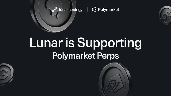 A dark promotional graphic featuring the logos for 'lunar strategy' and 'Polymarket' above the text 'Lunar is Supporting Polymarket Perps'.
