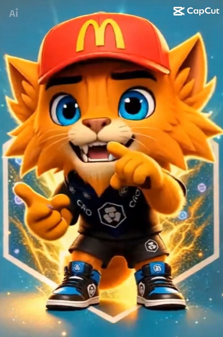 An AI-generated cartoon character combining McDonald's branding with an orange cat mascot wearing a McDonald's cap, blue jersey, and shorts.
