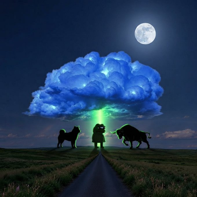 A surreal nighttime landscape features three silhouetted animals—a dog, a sheep, and a bull—facing a glowing green light emanating from beneath a massive, luminous blue cloud, with a full moon overhead. The scene visualizes the cryptic post "there will be signs..." as a prophetic tableau of mysterious omens, where the unusual cloud and eerie green beam serve as the heralded signs witnessed by the livestock on a deserted road.