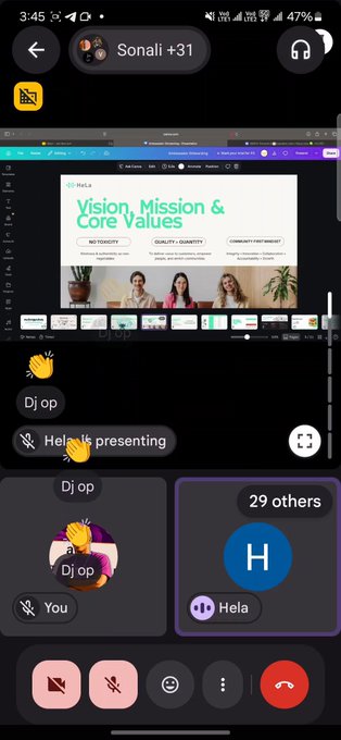 A smartphone screenshot of a Google Meet video call showing a presentation titled 'Vision, Mission & Core Values' with participants visible.