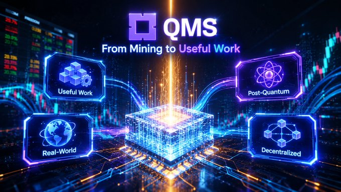 A futuristic digital graphic titled 'QMS From Mining to Useful Work' featuring four glowing panels labeled 'Useful Work', 'Post-Quantum', 'Real-World', and 'Decentralized' surrounding a central holographic cube.