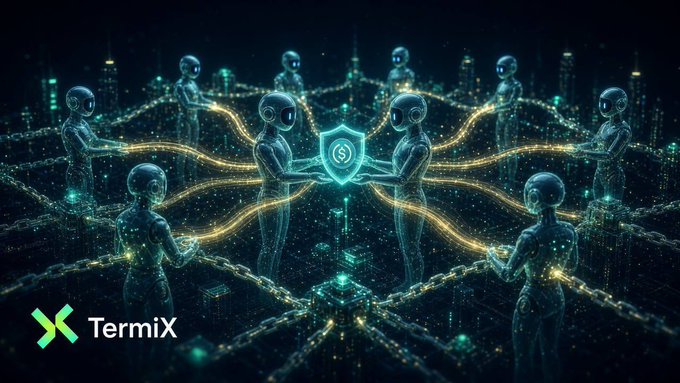 A futuristic digital illustration showing humanoid figures connected by glowing chains around a central shield icon, with the 'TermiX' logo in the bottom left.
