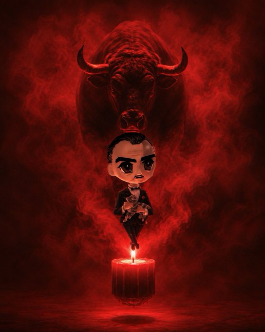 A menacing bull looms behind a sharply-dressed figurine holding a cigar, who appears to rise out of a red candle surrounded by smoke—evoking a sinister, bullish energy that fits the post's "we're going to be fucking rich" sentiment.