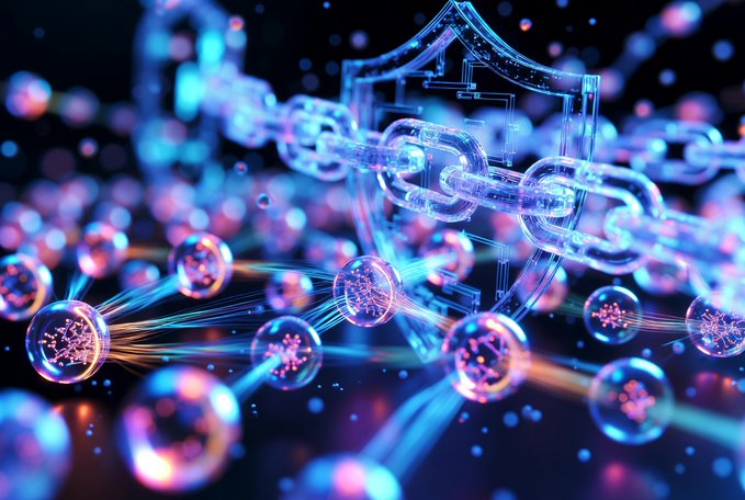 A glowing blue and pink digital visualization of interconnected chains and network nodes, symbolizing quantum-resistant blockchain security technology like the kind championed by @quipnetwork to protect against future quantum computing threats.