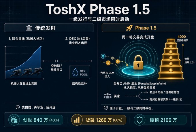 The image is a promotional infographic for "ToshX Phase 1.5," highlighting a hybrid token issuance model that combines primary and secondary market launches simultaneously, featuring a 4000-price-tier "gold brick stack" visualization and tokenomics of 8.4M (40%) creation, 12.6M (60%) airdrop, and 21M hard cap, contrasting it with traditional curves and DEX pool launches. It visually supports the post's argument that ToshX isn't just changing issuance but redesigning the entire token lifecycle, as illustrated by the "atomic opening" concept where buying, unlocking, and primary issuance happen concurrently rather than sequentially.