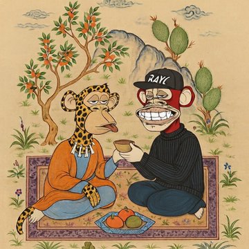 A colorful illustration in a traditional or folk art style depicting a leopard-like character and a red monkey-like character wearing a "RAY" cap sitting together with a bowl of fruit.
