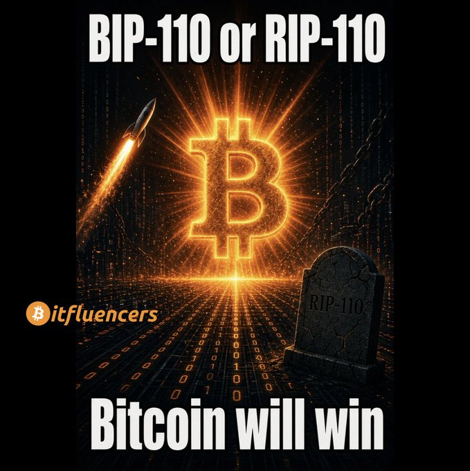 A dramatic digital graphic showing a glowing Bitcoin symbol with text "BIP-110 or RIP-110" at the top, a tombstone marked "RIP-110" on the right, and "Bitcoin will win" at the bottom, watermarked "Bitfluencers."