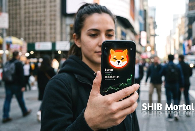 A young woman in an urban setting holds up a smartphone displaying the Shiba Inu ($SHIB) logo with a price chart showing $0.0003145, while the "SHIB Mortal" branding appears in the corner—visually capturing the meme coin's mainstream adoption that the post celebrates.