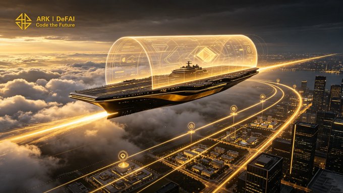 A futuristic aircraft with glowing golden circuitry soars above a cityscape and clouds, accompanied by the text "ARK | DeFAI" and "Code the Future," visually symbolizing the Arkie AI App's mission to bring AI-driven innovation and automation into everyday hands across the ARK ecosystem.