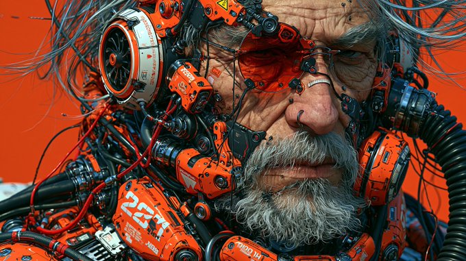 A weathered, bearded man's face is partially fused with intricate orange and black cybernetic machinery, wires, and mechanical components against a vivid red background, with visible text and numbers like "25" on the mechanical parts—evoking the "CYBORG" theme by showcasing a striking human-machine hybrid.