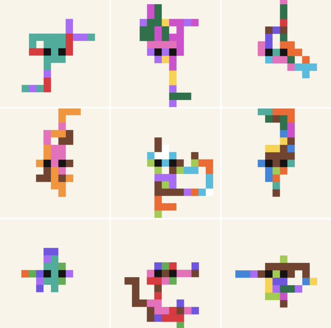 A 3x3 grid displaying nine abstract, colorful pixel-art shapes or icons made of multicolored squares on a beige background.