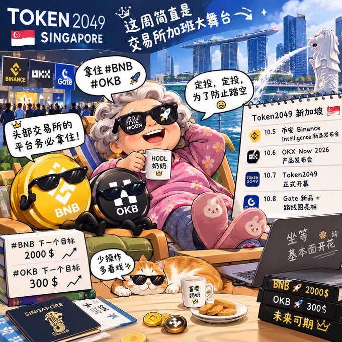 A vibrant Chinese-language promotional graphic for "TOKEN2049 SINGAPORE" featuring cartoon characters and crypto mascots including BNB and OKB coins with sunglasses. The image references Binance and OKX events with a schedule showing BNB target of $2000 and OKB target of $300.