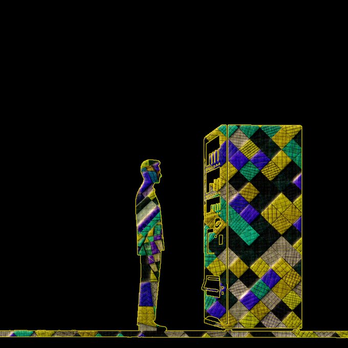 A colorful, mosaic-style digital illustration of a person standing beside a vending machine against a black background, rendered in geometric patterns of yellow, green, purple, and black.
