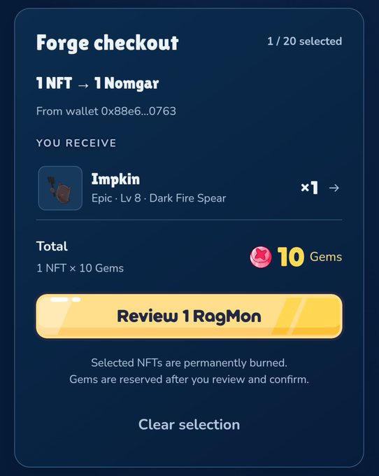 A digital 'Forge checkout' screen shows a transaction exchanging 1 NFT 'RagMon' for 10 Gems to receive an 'Impkin' (Epic, Lv 8, Dark Fire Spear), with text noting selected NFTs are permanently burned.