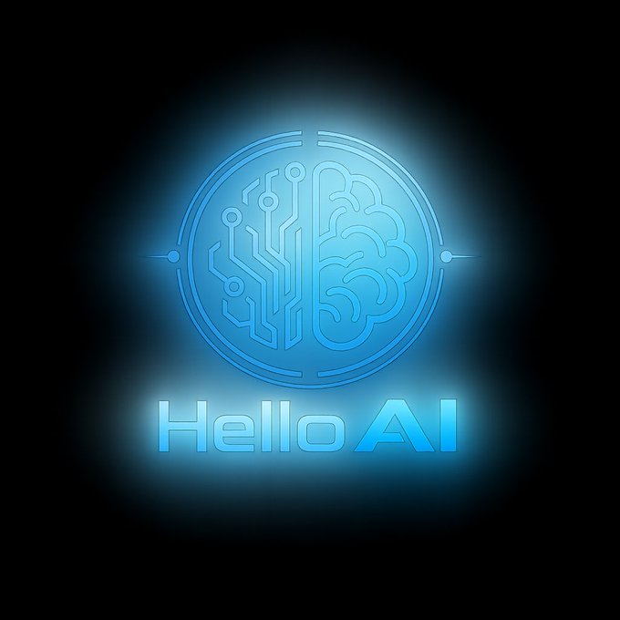 A glowing blue circular logo depicting a brain made of circuit boards, with the text "Hello AI" displayed below it.