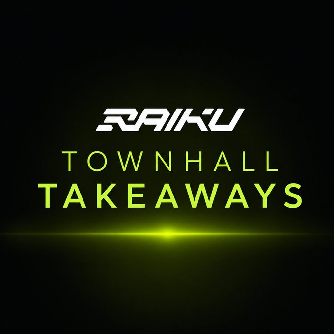 The image displays the RAIKU logo with "TOWNHALL TAKEAWAYS" text in bright green against a black background with a glowing light effect, serving as a visual summary header for the post that recaps key updates from the town hall—including Phase Labs delegation approval, Shinobi stake pool launch, and an early-access product test.