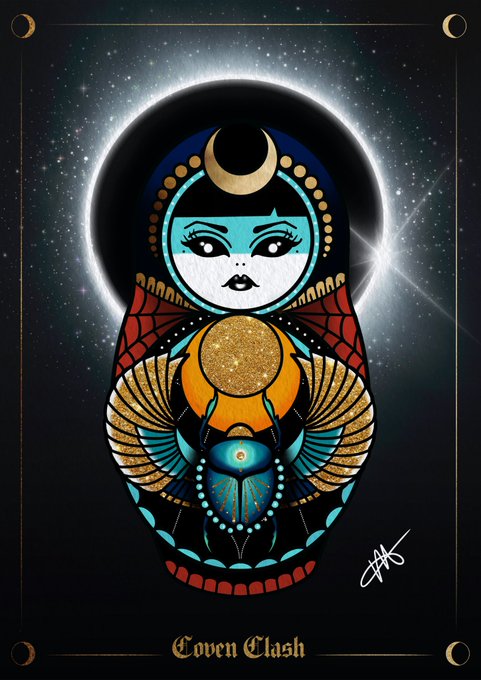 An illustration of a Russian nesting doll (matryoshka) features a face with a crescent moon, a sun, and a scarab beetle, with the text 'Coven Clash' at the bottom.