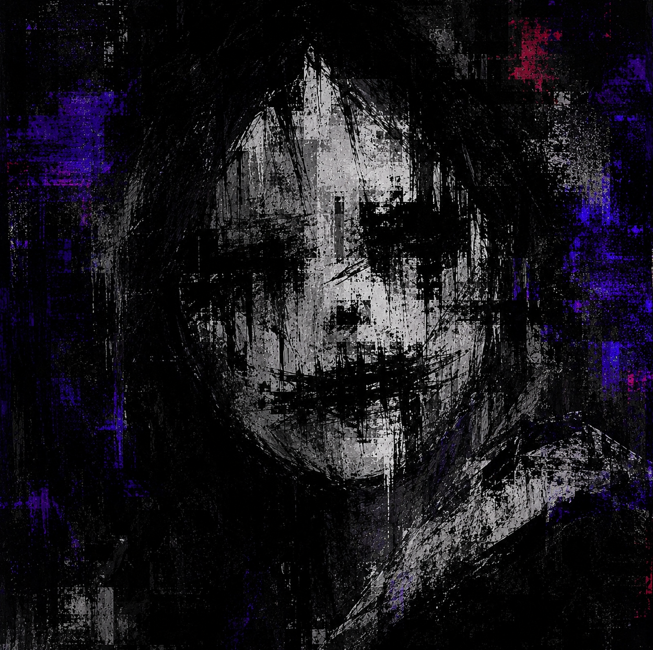 A dark, expressionistic painted portrait of a face rendered in rough black, white, and purple brushstrokes with haunting, hollow features emerging from the shadows.