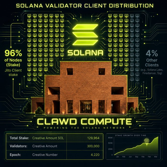 An infographic showing 'Solana Validator Client Distribution' from CLAWD COMPUTE, highlighting 96% of Nodes (Stake) running Jito Client and 4% on Other Clients, with stats: 129,964 Total Stake, 300,000 Validators, Epoch 4,220.