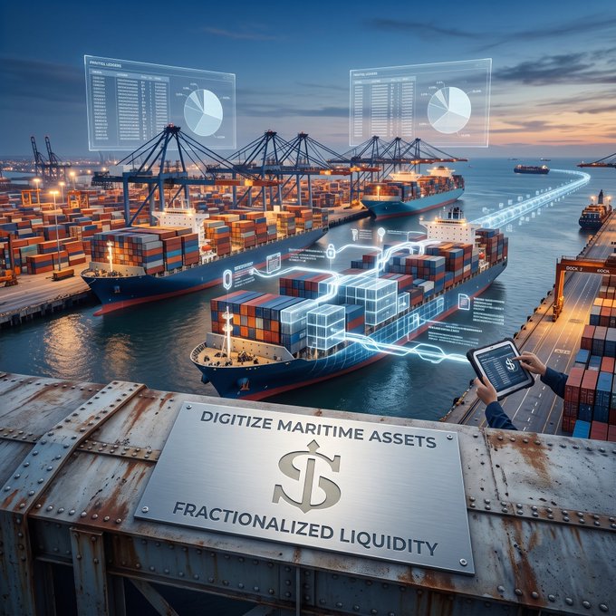 A digital rendering of a bustling shipping port at dusk shows container ships being loaded with cargo alongside holographic data displays, illustrating how blockchain technology (represented by the "$" symbol) can transform traditional maritime logistics into a tokenized, liquid marketplace. The image directly visualizes the caption's theme by depicting how physical shipping assets—currently bogged down by slow paperwork and limited access—could be digitized and fractionalized through platforms like @EthraShip, converting real-world trade infrastructure into transparent, tradable digital assets.