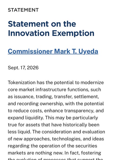 A text snippet titled 'STATEMENT: Statement on the Innovation Exemption' by Commissioner Mark T. Uyeda, dated Sept. 17, 2026, discussing the modernization potential of tokenization for market infrastructure.