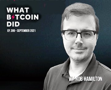 A grayscale portrait of Rob Hamilton, CEO of Bitcoin, appears on the "What Bitcoin Did" podcast cover (Ep. 359, September 2021), labeled with his name "W/ ROB HAMILTON." The image ties to the post's joke by showing Hamilton circa 2021, contrasting his pre-prominent "BIG BITCOIN" appearance with the suggested post-2026 transformation under the tagline "Compliance Is Defiance®."