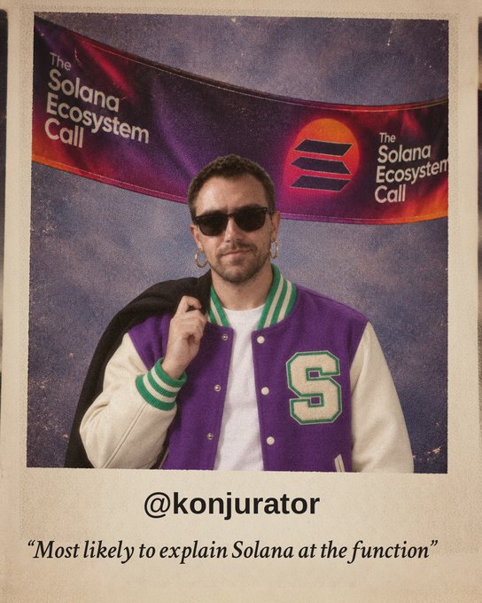 A vintage yearbook-style photo of a man wearing sunglasses and a purple varsity jacket with a green 'S' letter, captioned '@konjurator' with the tagline 'Most likely to explain Solana at the function', set before 'The Solana Ecosystem Call' banners.