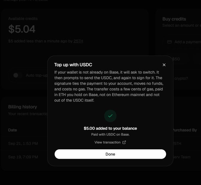 A dark-themed UI screen showing a successful USDC top-up confirmation of '$5.00 added to your balance', with available credits showing $5.04 and billing history from 25TH visible.