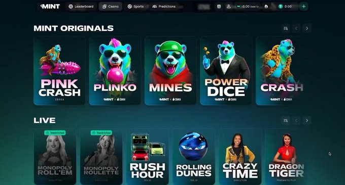 The image shows the Mint gaming platform homepage featuring "Mint Originals" games like Pink Crash, Plinko, Mines, Power Dice, and Crash, along with a "Live" section displaying games such as Monopoly Roll'Em, Monopoly Roulette, Rush Hour, Rolling Dunes, Crazy Time, and Dragon Tiger. The post emphasizes how Mint prioritizes enjoyable gameplay experiences, suggesting that engaging game design makes progression and XP feel meaningful rather than focusing purely on tokens and rewards.