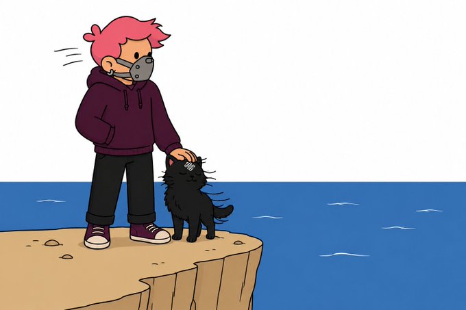 An illustration of a pink-haired person wearing a face mask and dark hoodie, petting a small black cat while standing on a cliff edge beside the ocean.