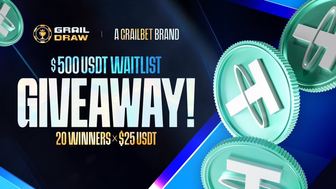 A promotional banner for a Grailbet x Graildraw $500 USDT giveaway featuring 20 winners of $25 USDT each, displayed with teal USDT coin graphics and instructions to follow @Graildraw and @Grailbetcom, join the waitlist at graildraw.com, tag friends, and like/repost for a chance to win within 72 hours.