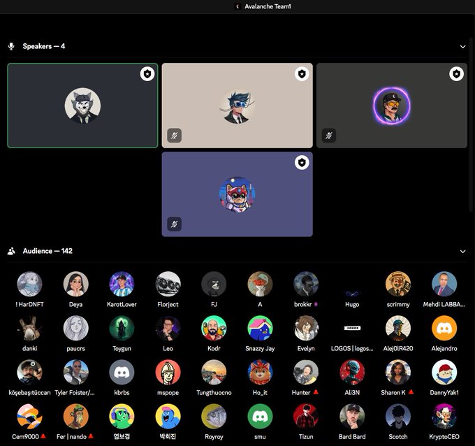 A screenshot of an Avalanche Team1 online meeting showing 4 speakers with avatars at the top and an audience of 142 participants displayed in a grid of profile pictures and usernames below.
