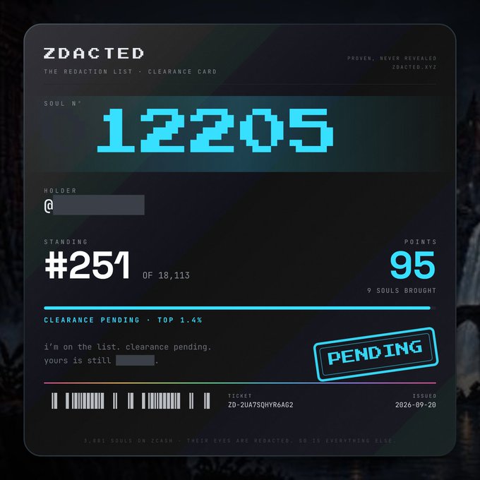 A digital clearance card from ZDACTED titled "THE REDACTION LIST" showing Soul N° 12205, with the holder's name redacted, a standing of #251 of 18,113, 95 points (9 souls brought), a "PENDING" stamp, and a barcode with ticket ZD-2UA7SQHYR6A62 issued 2026-09-20.