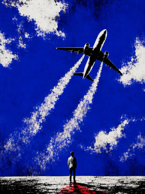 A stylized, illustrative image shows a person standing on the ground looking up at an airplane leaving white contrails against a vibrant blue sky with scattered clouds.