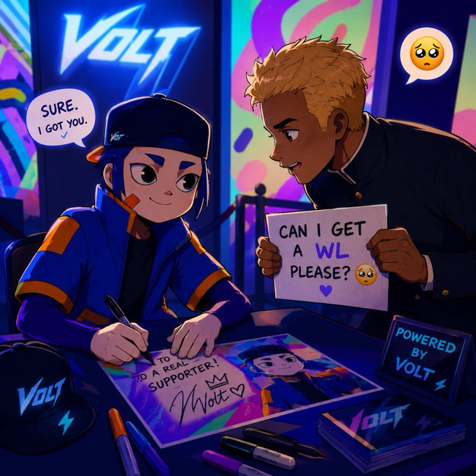 An anime-style illustration of a blue-haired character signing autographs at a booth branded 'VOLT', while a customer holds a sign reading 'CAN I GET A WL PLEASE?' with a pleading face emoji.