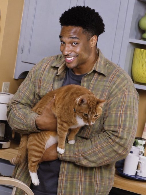 A smiling young man in a plaid flannel shirt holds a chubby orange and white cat in a kitchen setting.