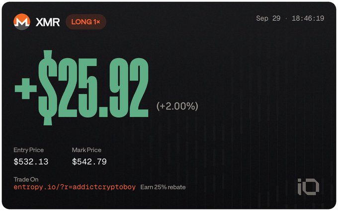 A cryptocurrency trading interface showing a long position on XMR (Monero) with a profit of +$25.92 (+2.00%), entry price of $532.13, and mark price of $542.79, traded on entropy.io.