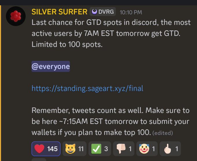 A Discord message from "SILVER SURFER" in the DVRG server announces that the 100 most active users by 7AM EST will receive GTD spots, with submissions due around 7:15AM EST the next morning. The post aligns with the accompanying caption promoting Divergent's GTD leaderboard, directing users to the Discord via the provided sageart.xyz link.