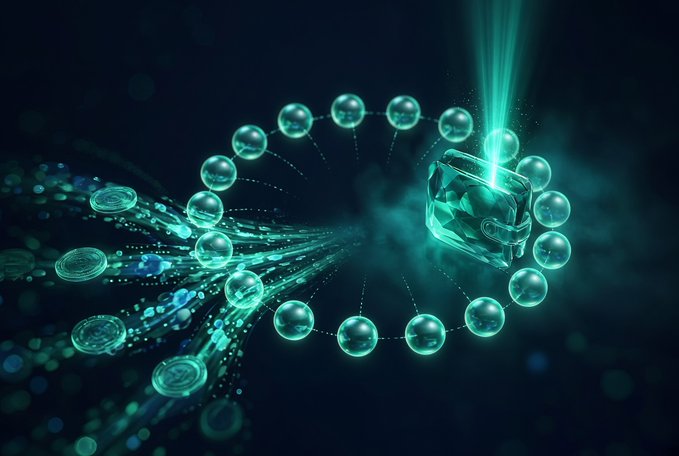 A digital artwork depicting a green, crystalline object emitting light beams, surrounded by orbiting spheres and data-like particles flowing toward it against a dark background.
