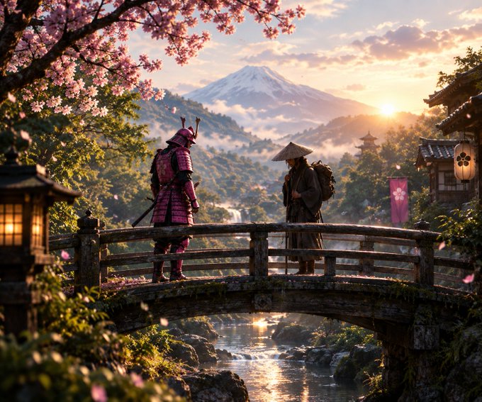 A fantasy illustration of a samurai in pink armor and a traveler on a wooden bridge, with Mount Fuji and cherry blossoms in the background.