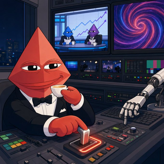 A red pyramid-shaped character in a tuxedo sips coffee and presses a glowing button in a futuristic control room, with monitors displaying "BTC/ETH/$CLAWD" sparkline charts, a news broadcast featuring blue and purple pyramid hosts, a swirling cosmic portal, and a robotic arm operating a control panel. The image visually represents the automated, multi-streamed AI operations of the "clawd" ecosystem described in the shipping report, with each element symbolizing a different service running in tandem.